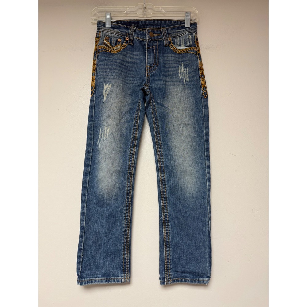 GS115 Boys Jeans Size 10 Distressed Blue Denim Gold‎ Stitching Jeans